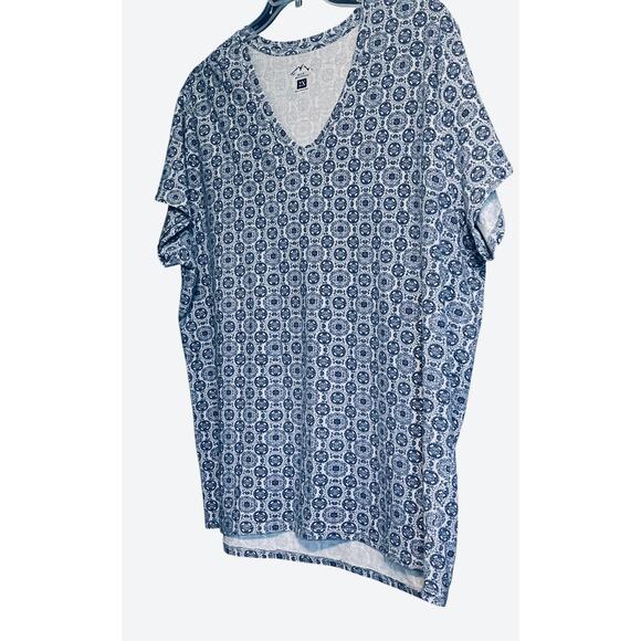 BLUE MOUNTAIN SHORT SLV PULL-OVER V-NECK TOP, WOMENS, 2X, BLUE GEOMETRIC PATTERN - Picture 4 of 11